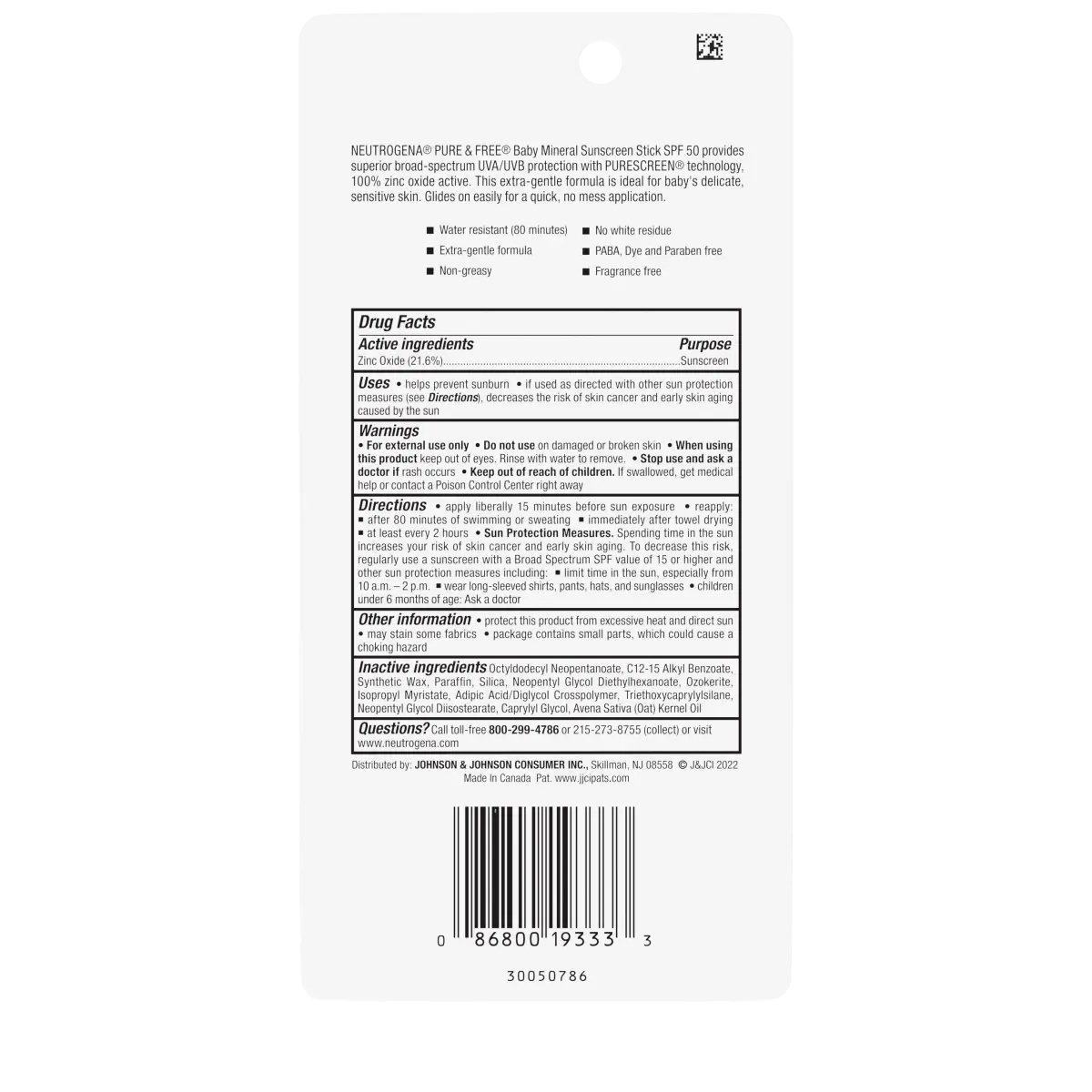 Neutrogena® Pure & Free Baby Sunscreen Stick Broad Spectrum SPF 50, 0.47 Oz - US 9675